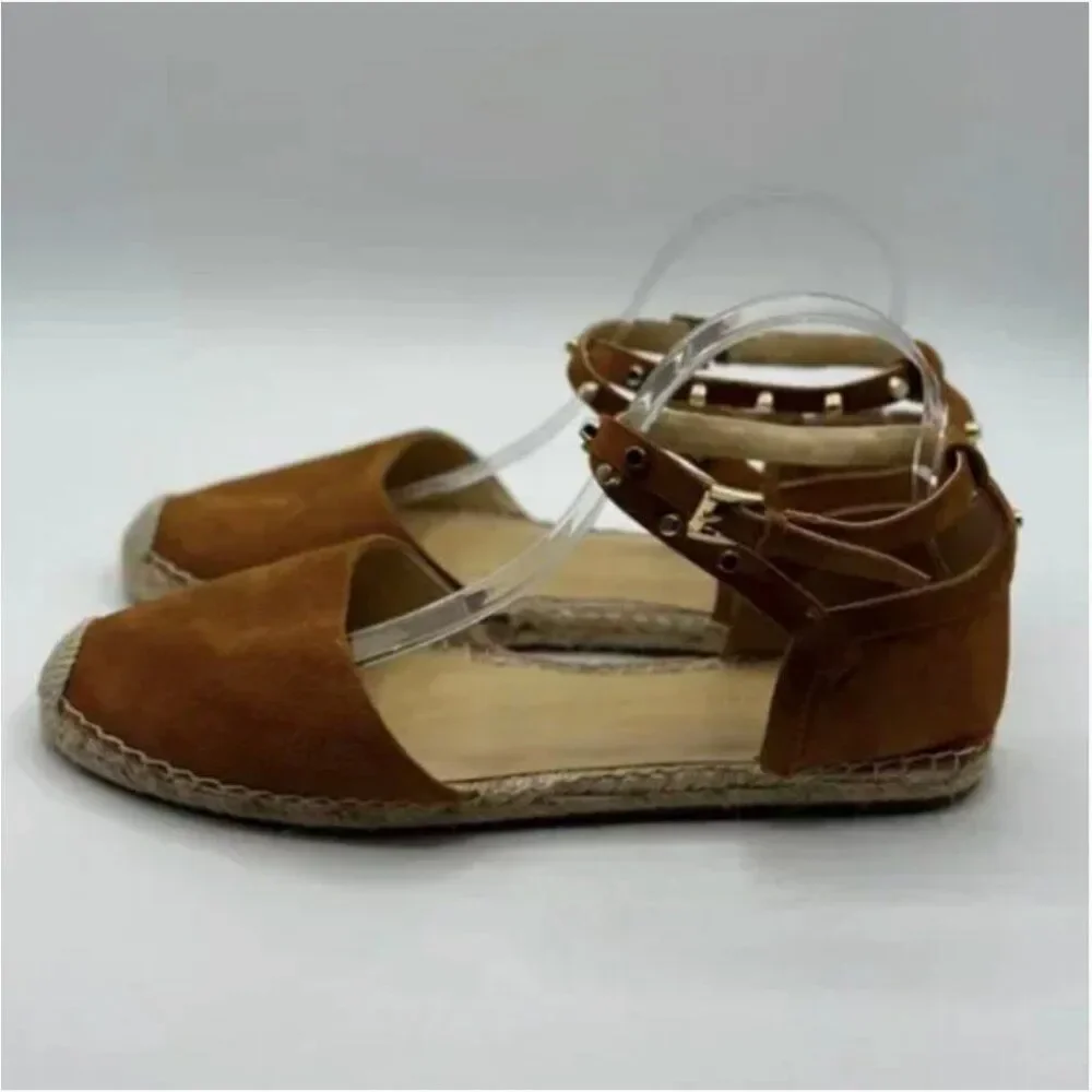 Marc Fisher Maci Stud Ballerina Espadrilles Ankle Strap Flats Brown Suede 9.5